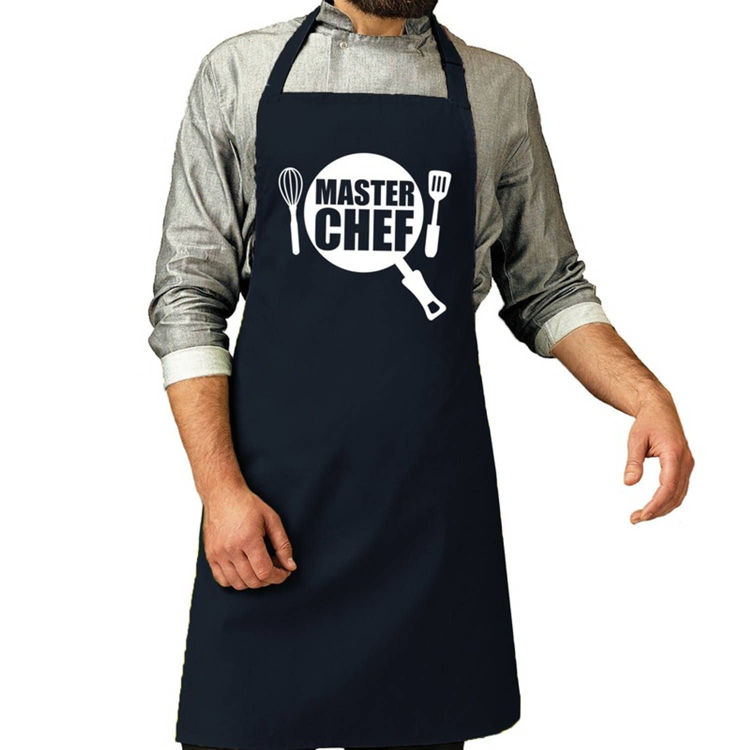 Master chef barbeque schort / keukenschort navy blauw voor heren - bbq schorten