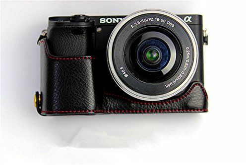 Zakao A6300 Camera Case, Echt Lederen Half Bodem Opening Holster Case voor Sony A6300 A6000 - Zwart