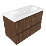 Saniclass Holz Atelier Badkamermeubelset - 100x45x63.5cm - Palermo keramische wastafel wit - 1 wasbak - 1 kraangat - 2 lades - mat walnut pure (hout) SW1420806/SW24915