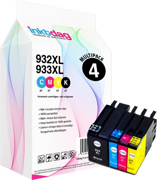 inktdag Huismerk Compatibel Inktcartridge / Alternatief voor HP 932 XL en 933 XL BK C M Y Multipack Cartridges Zwart Cyaan Magenta Geel - Hoge Capaciteit - Set 4 Stuks