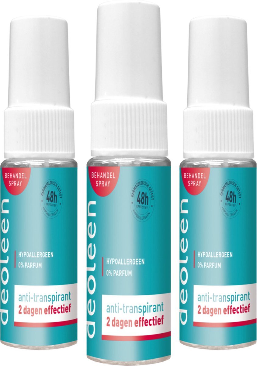 Deoleen - Behandelspray Deodorant - Bestrijdt Anti Bacteriologisch Transpiratievocht - Anti Transpirant - Voorkomt Overmatige Zweet - 0% Parfum - 3 x 25 ml