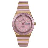 Timex Q Dameshorloge, 36 mm, tweekleurig, uitbreidbaar bandje van roestvrij staal met roze wijzerplaat en goudkleurige kast, TW2W87600