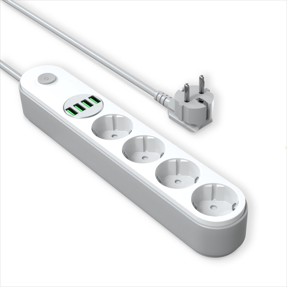 Acropaq Stekkerdoos - Met USB en schakelaar, 4-voudige, 4 x USB-A snellader, 2500 W, 2 meter snoer - Voor smartphones/tablets - Wit