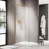 FortiFura Galeria Inloopdouche - 140x200cm - Afgeronde Glaswand - Links - Ribbel Glas - Wandarm - PVD - Geborsteld Messing (Goud)