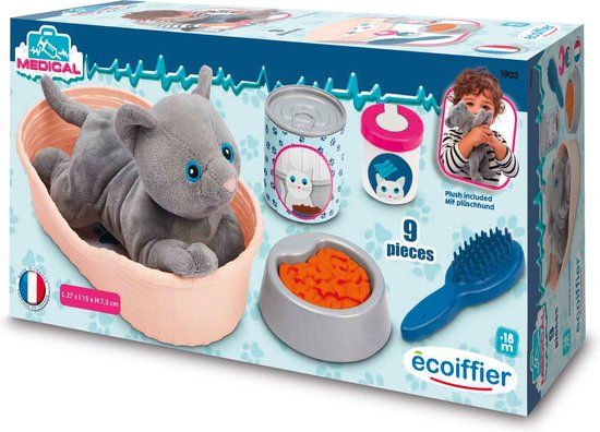 Ecoiffier Knuffel Kat met Kattenmand Speelset - 9dlg. - Multi kleuren