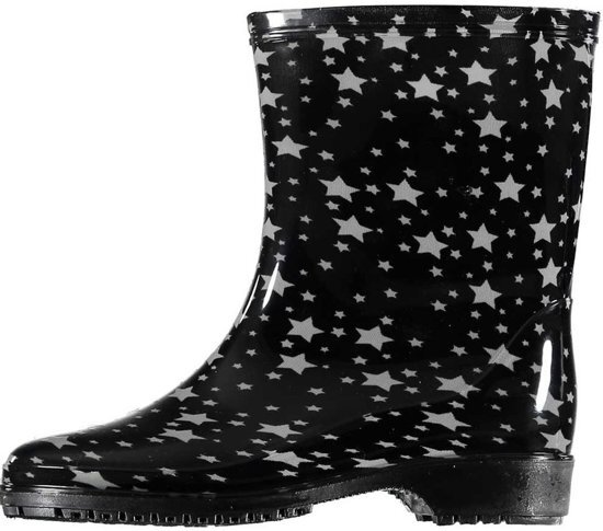 Apollo Half hoge dames regenlaarzen zwart met grijze sterren print - Rubberen laarzen/regenlaarsjes dames 37