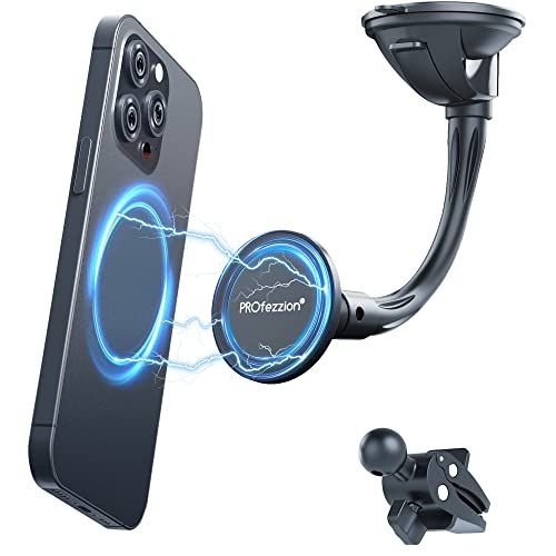 PROfezzion MagSafe Car Mount, Zuignap & Vent Clip Combo Magnetische Houder voor iPhone 14 13 12 Pro Max Plus Samung Galaxy A12 & MagSafe Case op Auto Voorruit, Dash of Vent [MagSafe Ring Inbegrepen]