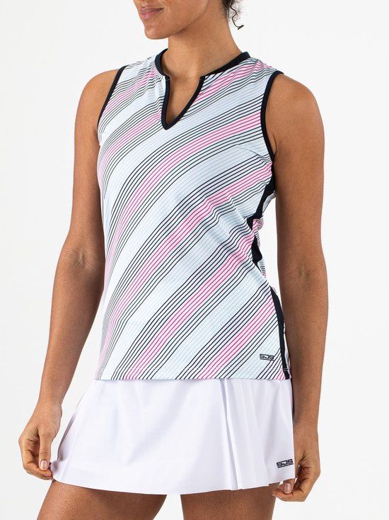 Sjeng Sports JENNAH Sportshirt Dames - Zwart Wit - Diagonaal Gestreepte Print - Ademend en Sneldrogend - Tennis en Fitness