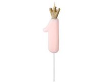 Party Deco Kaarsje lichtroze met Kroontje cijfer 1
