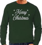 Bellatio Decorations Kersttrui voor heren - sweater - Merry Christmas - groen - met zilveren glitter letters - kerstdiner kleding XL