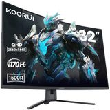 KOORUI 32-inch Curved Gaming Monitor, 2K QHD (2560x1440), 1ms, 1500R, VA, HDR 10, 2xHDMI (170Hz of 144Hz), DP (170Hz), AdaptiveSync, DCI-P3 90%, SRGB100%, VESA 75x75mm, Eye Care