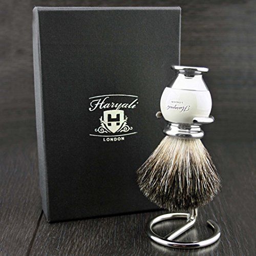 Haryali London Hand Gemonteerd Ivoorhandvat Scheerborstel met Zwart Dassenhaar & Roestvrij staaldraadstandaard voor Borstel.