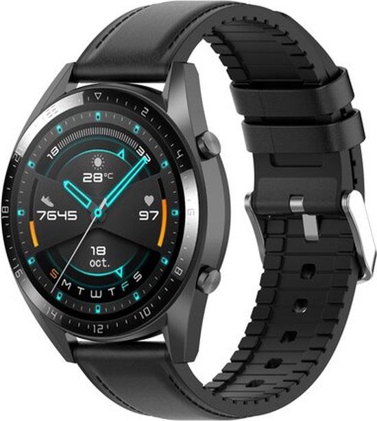 By Qubix - Geschikt voor Garmin Forerunner 970 / 570 (47mm) / 255 - Leer + Siliconen bandje - Zwart - Smartwatch bandje 22mm