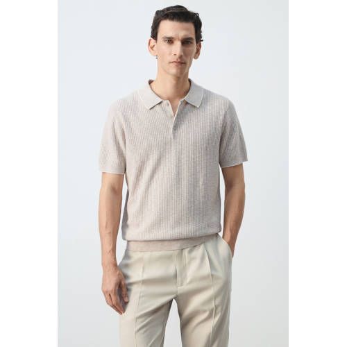 Mango Man regular fit gebreide gemêleerde polo - pastelbruin