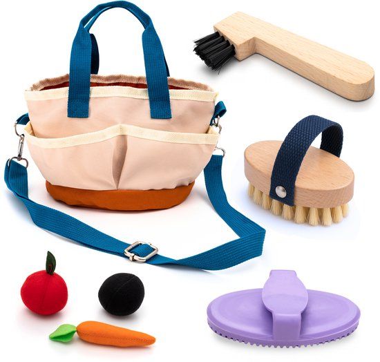 Hoofly Hobby Horse-accessoires – Verzorgingsset voor kinderen met tas, borstel, rosborstel en hoevenkrabber [TÜV-gecertificeerd] – Verzorgingsset voor hobby horse en houten paard – Cadeau