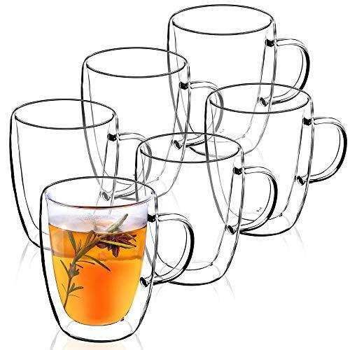 KADAX Dubbelwandige glazen beker, glas met handvat, 270 ml, drinkglas voor sap, thee, koffie, drank, water, ijsthee, cappuccino, universeel glas, theeglas, hoogwaardige kwaliteit (6)