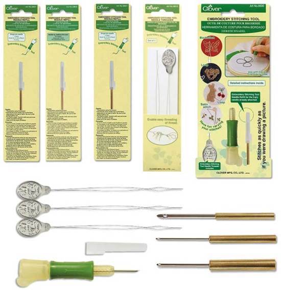 Clover Complete Set Punch Naalden. Embroidery Stitching Tool met alle navulnaalden en extra draaddoorhalers. Voor punchen met 1 draadje, 3 draadjes, 6 draadjes borduurgaren of fijne wolgarens