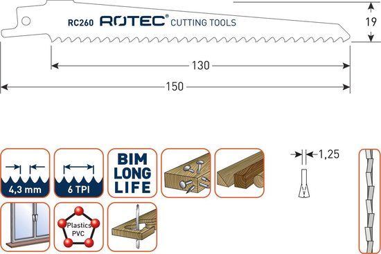 Rotec Combipower BV Reciprozaagblad RC260 / S611DF set 5 stuks