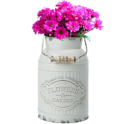 BELLE VOUS Rustiek Wit Metalen Bloemen Gieter Vaas - D12,8 x H20,5 - Gegalvaniseerd Vintage Chique Boeren Melkbussen - Decoratieve Kan voor Huis/ Bruiloft Decor & Tuinbloemen