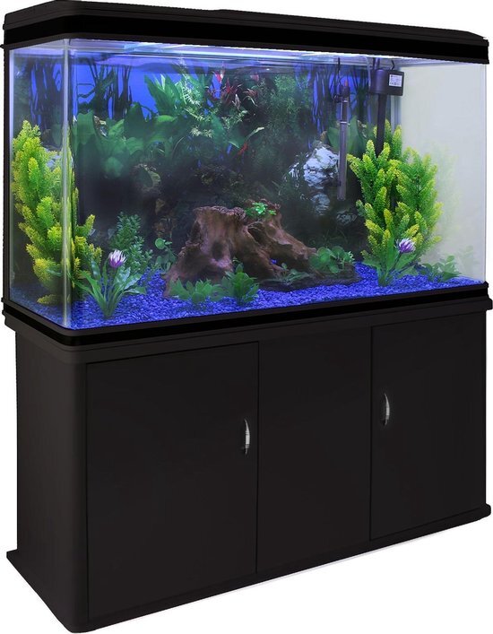 MonsterShop Aquarium 300 L Zwart starterset inclusief meubel blauw grind 120.5 cm x 39 cm x 143,5 cm filter, verwarming, ornament, kunstplanten, luchtpomp fish tank blauw