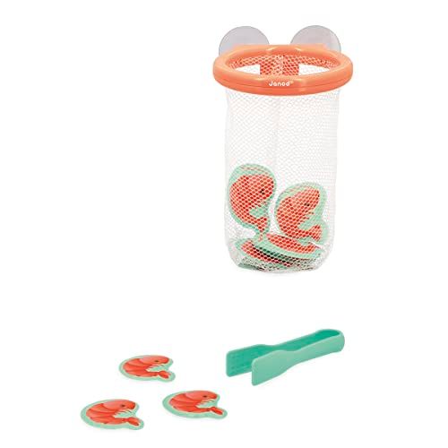 Janod Badspeelgoed voor baby's, 12 garnalen + 1 pincet + 1 mand met zuignappen, prikkelset, vanaf 24 maanden, zalmroze/turquoise