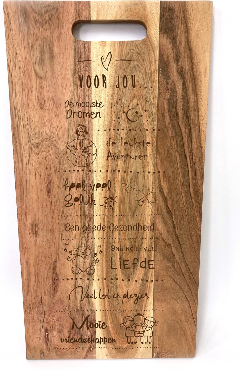 SandD-art Grote acacia snijplank-hapjesplank met tekst gravure: VOOR JOU… Kraamcadeau-cadeau - geboorte - babyshower - babyborrel. Het formaat is 25x50cm