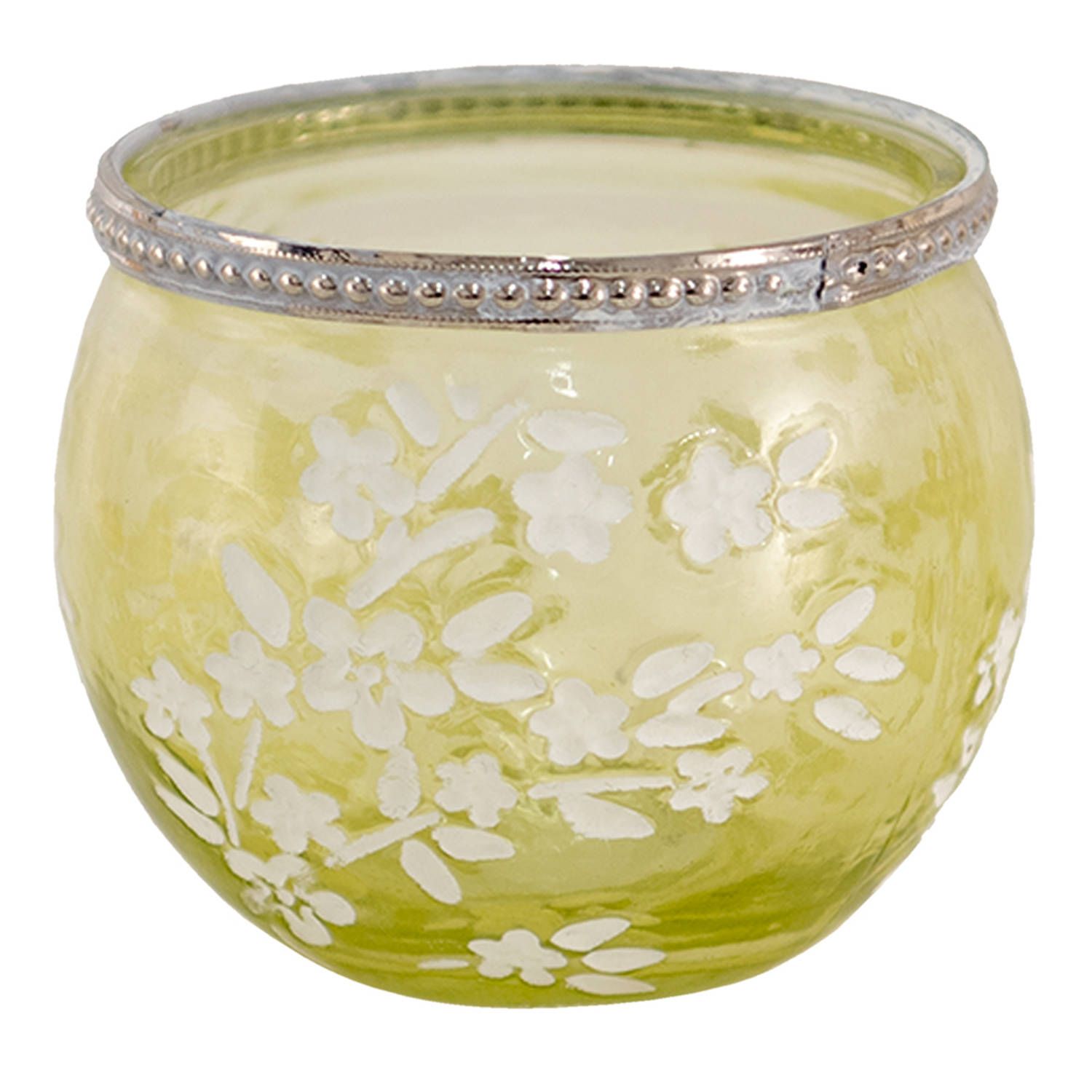 Clayre & Eef Theelichthouder Ø 10x9 cm Groen Wit Glas Metaal Rond Bloemen Waxinelichthouder Windlichthouder