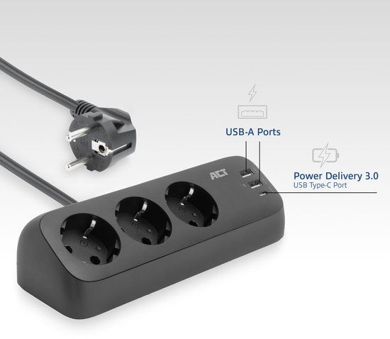 ACT Stekkerdoos met 3 type-F stopcontacten, 30W Power Delivery, USB Type-C/A poorten, kabellengte 1,5 meter AC2480