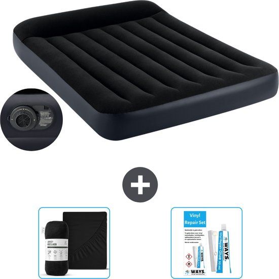 Intex Luchtbed - Twijfelaar - 137 x 191 x 25 cm - Blauw - Met Ingebouwde pomp + Hoeslaken Zwart + Reparatieset