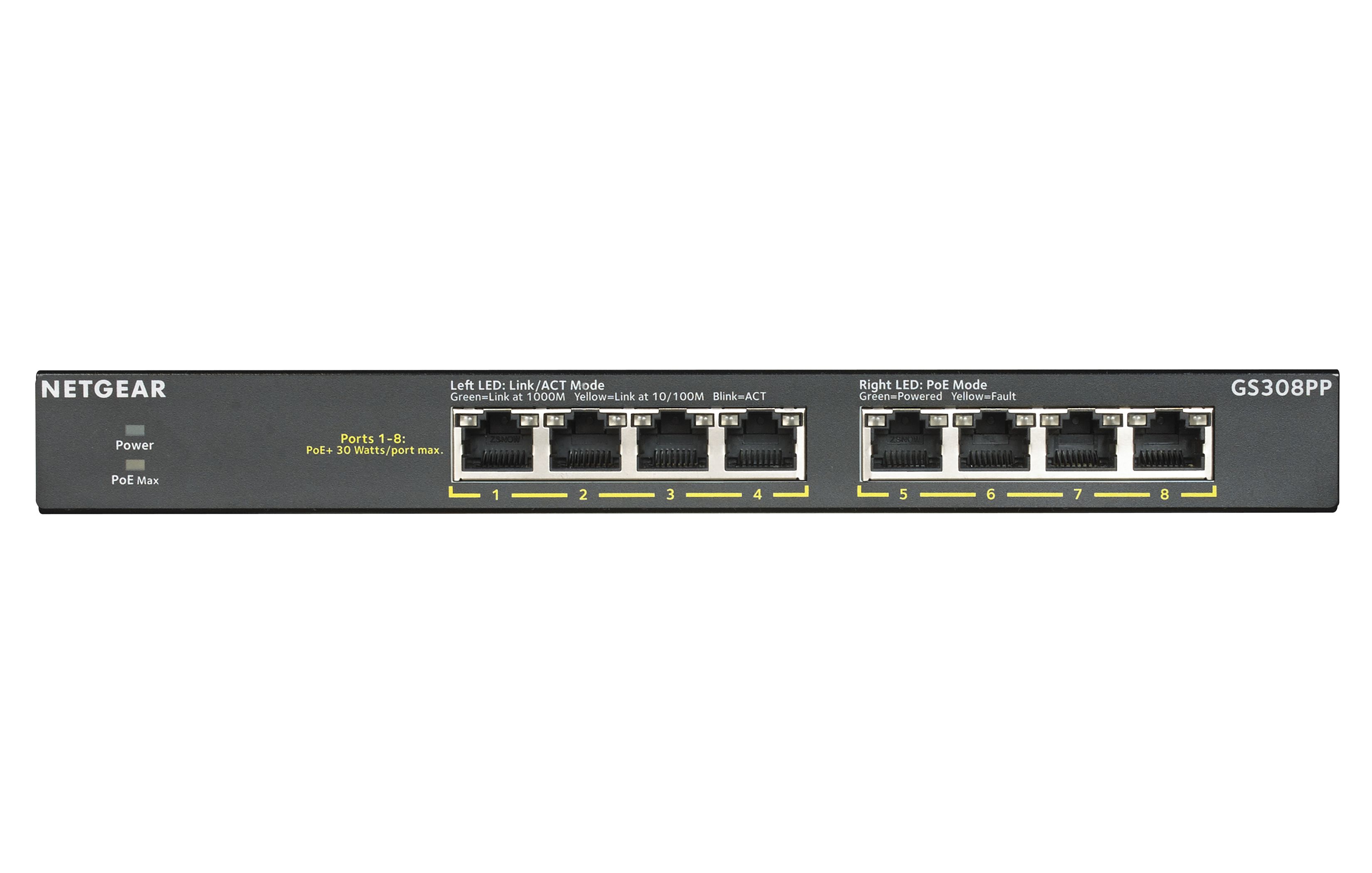 NETGEAR GS308PP - 8-Port Gigabit Ethernet PoE+ Unmanaged Switch - Black