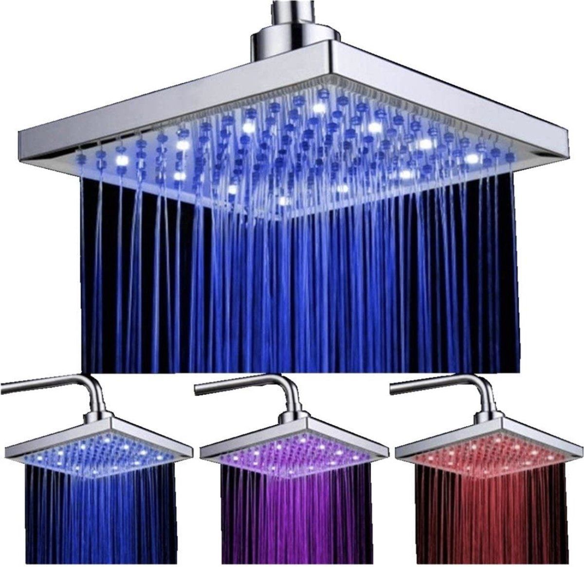 DELIPOP LED Vierkante Douchekop 8 inch - Temperatuurregeling - 3 Kleur Veranderend - Chroom