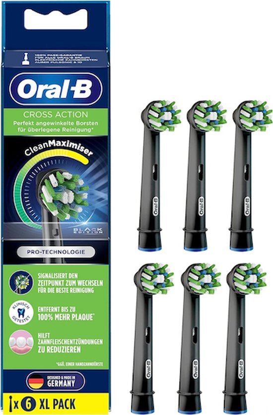 Oral-B CrossAction Black Edition Opzetborstels met CleanMaximiser-borstelharen voor superieure reiniging, 6 stuks