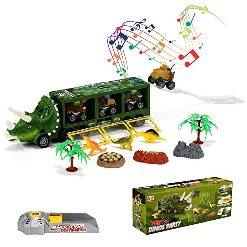 Oderra Transporter, tractor, 6 mini-dinosaurussen, van kunststof, voor meisjes en kinderen, speelgoed voor jongens, 3 jaar, knoopcel (groen)