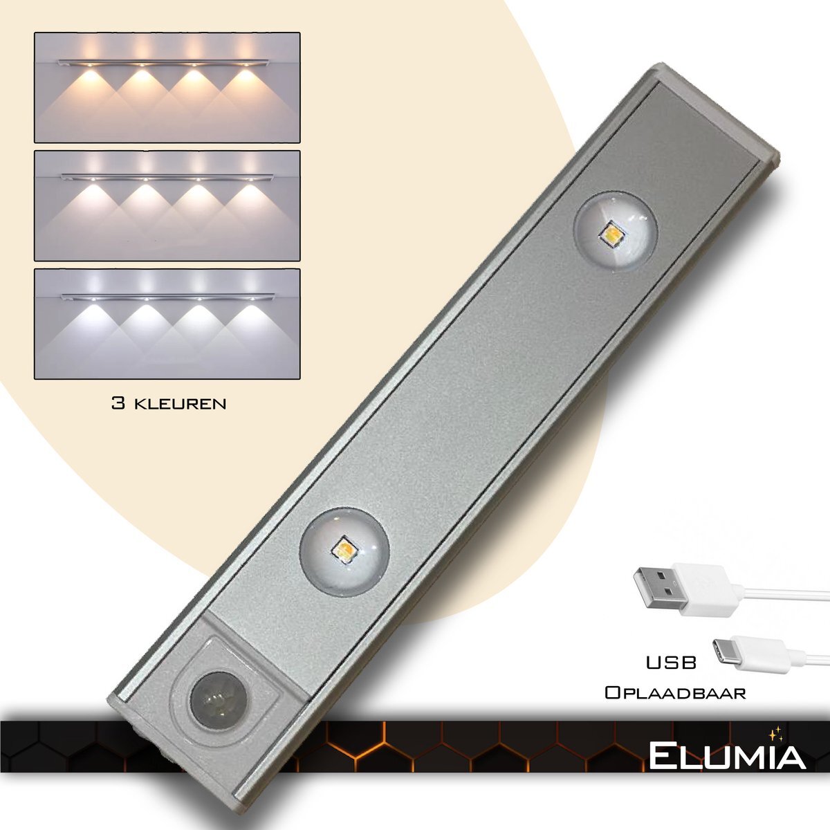Elumia Elumia® LED lamp 20cm met bewegingssensor - 3 kleuren(warm wit, wit en koud wit) - USB - Led Verlichting met 2 krachtige LED's - Aluminium - Magnetisch - USB-oplaadbare Accu - Eenvoudige Bevestiging
