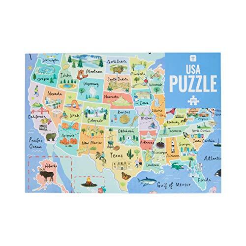 Talking Tables 1000-delige blauwe USA 50 statenkaart legpuzzel en poster Gellustreerd American Landmarks Travel Verjaardag, Kerstmis