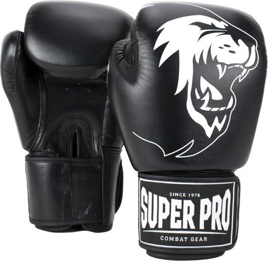 Super Pro Combat Gear Warrior Lederen Bokshandschoenen Zwart/Wit 10oz