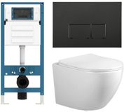 Adema Salina 2.0 Toiletset - 48.5x36x32cm - diepspoel - spoelrandloos - QeramiQ inbouwreservoir - softclose - quickrelease - toiletzitting - mat zwarte metalen bedieningsplaat - rechthoekige knoppen - wit