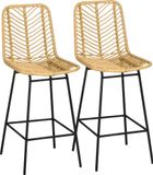 Fortuna Lai set van 2 barkrukken met rugleuning, barstoelen in boho-stijl, gemaakt van PE-rotan, inclusief voetsteun, afmetingen 42,5 cm x 52 cm x 102 cm, geel + noir