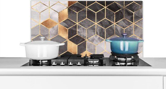 Spatscherm keuken - Luxe - Kubus - Vorm - Patronen - Goud - Abstract - 90x45 cm - Aluminium