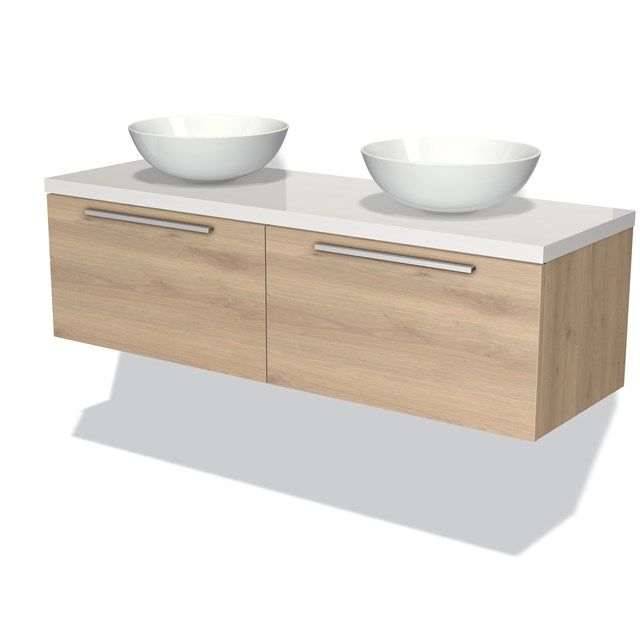 Maxaro Badkamermeubel Modulo Plato 140cm Lichtbruin Eiken 2 Lades Vlak Hoogglans Wit Blad