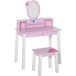 Table de maquillage en bois rose pour enfants 3+ ans, coiffeuse jouet avec miroir et tabouret