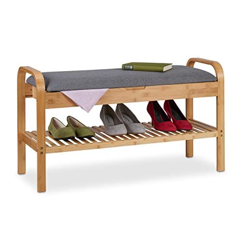 Relaxdays Schoenenbank - 4 paar schoenen - HxBxD 50x90x33 cm - zachte zitting met opbergruimte - bamboe schoenenrek - natuur/grijs