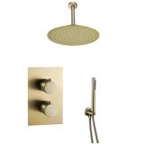 Fortifura Calvi Inbouw Regendoucheset - thermostatisch - plafondarm - 30cm - hoofddouche - staaf handdouche - metalen doucheslang - PVD - geborsteld messing (goud)
