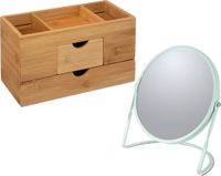5Five Make-up organizer en spiegel set - lades/vakjes - bamboe/metaal - 5x zoom spiegel - mint/bruin