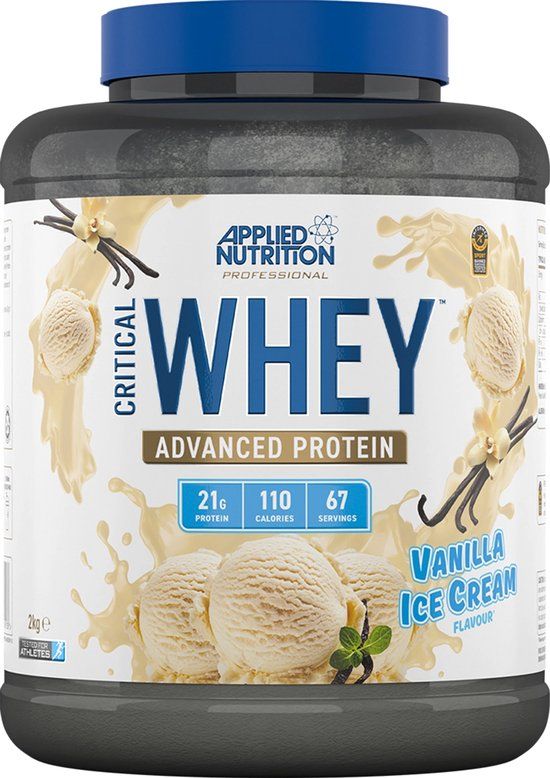 Applied Nutrition Critical Whey Protein Powder - 24 g eiwit per portie, eiwitrijk poeder, eiwitshake met BCAA's en glutamine - spiergroei en herstel (2 kg - 61 porties) (vanille-ijs)