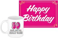 Bellatio Decorations Mok 50 jaar vrouw roze keramiek 300ml met wenskaart