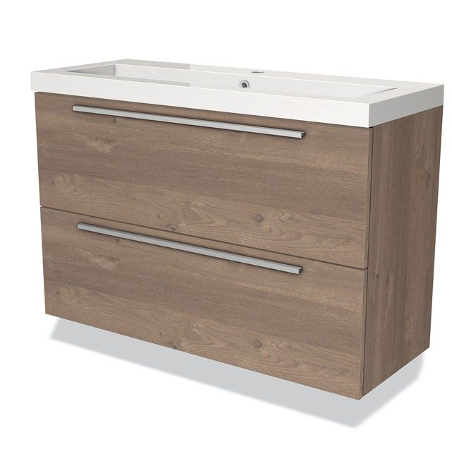 Maxaro Badkamermeubel 100cm Modulo Slim Middenbruin Eiken 2 Lades Vlak Wastafel Mineraalmarmer
