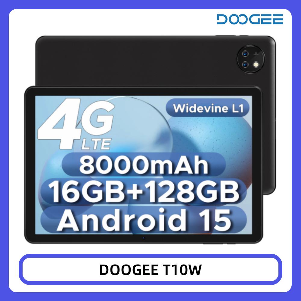 DOOGEE T10W Tablet 10.1" HD-scherm Android 15 16GB RAM 128GB ROM 8000mAh Grote Batterij 4GLTE Unisoc T310 Pad PC
