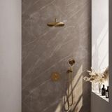 Brauer Gold Edition Thermostatische Regendoucheset Inbouw - Hoofddouche 30 cm - Gebogen Wandarm - 3 Weg - Handdouche Rond 3 Standen - Doucheslang - Wandaansluitbocht - Geborsteld Goud