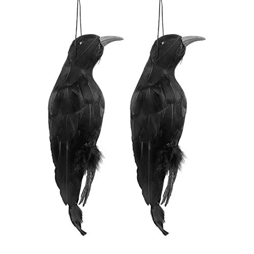 DRYEN 2 Pack Realistische Hangende Dode Kraaien Decoy, 32cm Fake Crow Lifesize Extra Grote Handgemaakte Zwarte Gevederde Kraai, Kraai Afschrikmiddel, Ontdoen Van Kraaien